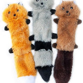 Three plush animal-shaped finger puppets or toys shown upright on a white background: an orange fox with black accents, a gray and black raccoon, and a brown raccoon with a dark tail.