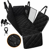 Black quilted pet car seat cover with attached straps and a mesh privacy panel, shown on a white background with included straps and a circular close-up of the quilted fabric texture.
