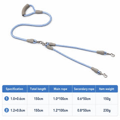 A light blue dog training leash with gray padded handles and metal snap hooks, shown above a specification table on a white background.