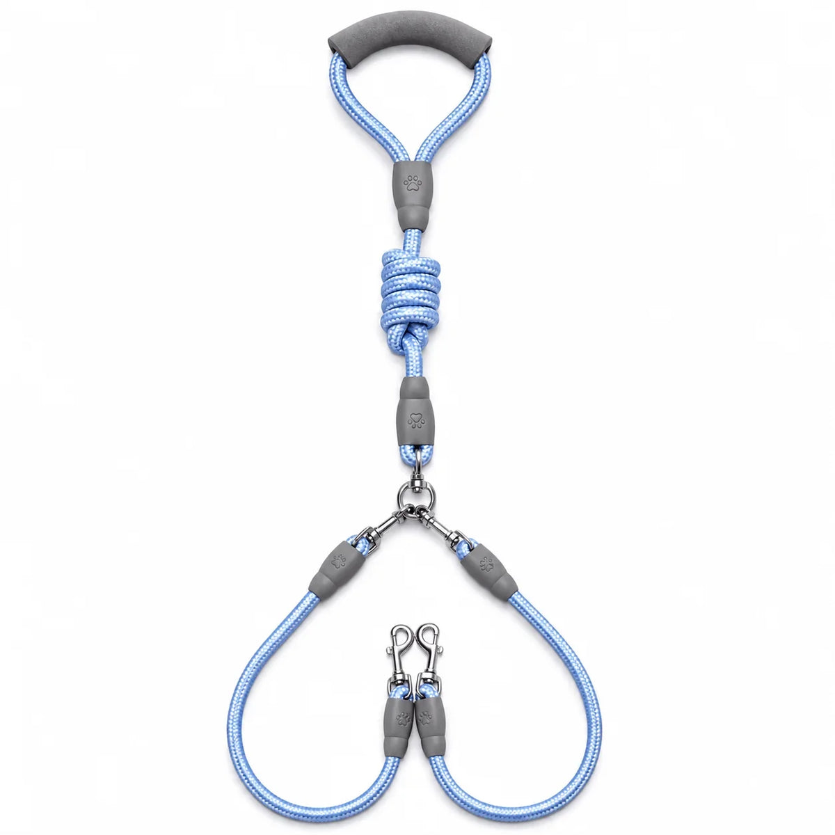 A light blue and gray dog leash with a padded handle, coiled rope section, metal swivel connectors, and two detachable clip ends, shown on a plain white background.