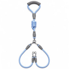 A light blue and gray dog leash with a padded handle, coiled rope section, metal swivel connectors, and two detachable clip ends, shown on a plain white background.