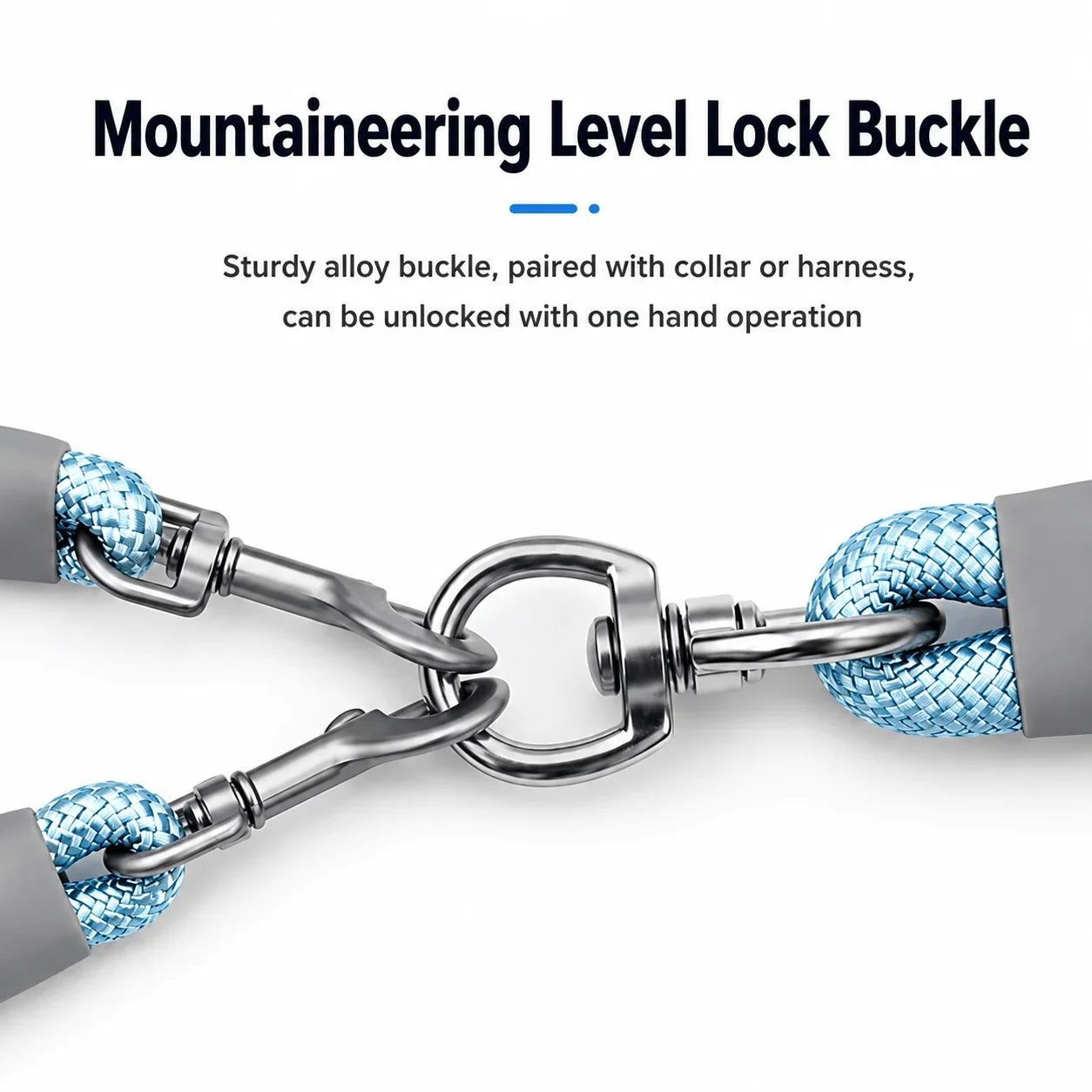 Close-up of a mountaineering level lock buckle with silver metal hardware and blue-and-white braided rope, shown with descriptive text on a white background.