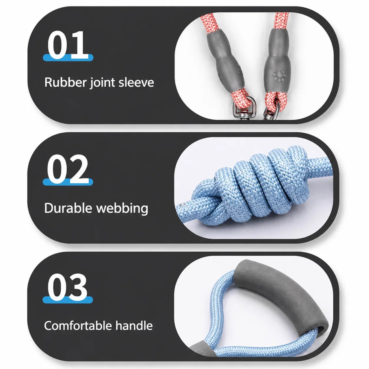 Three feature callout panels showing a blue and gray rope exercise handle: rubber joint sleeves, durable webbing, and a comfortable handle.