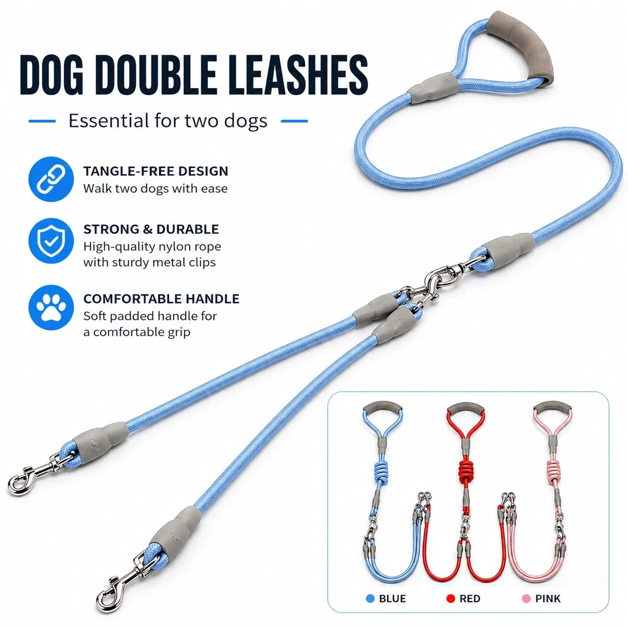 Blue dog double leash with gray padded handles and metal clips, shown on a white background with product features listed on the left and color options in a small inset at bottom right.