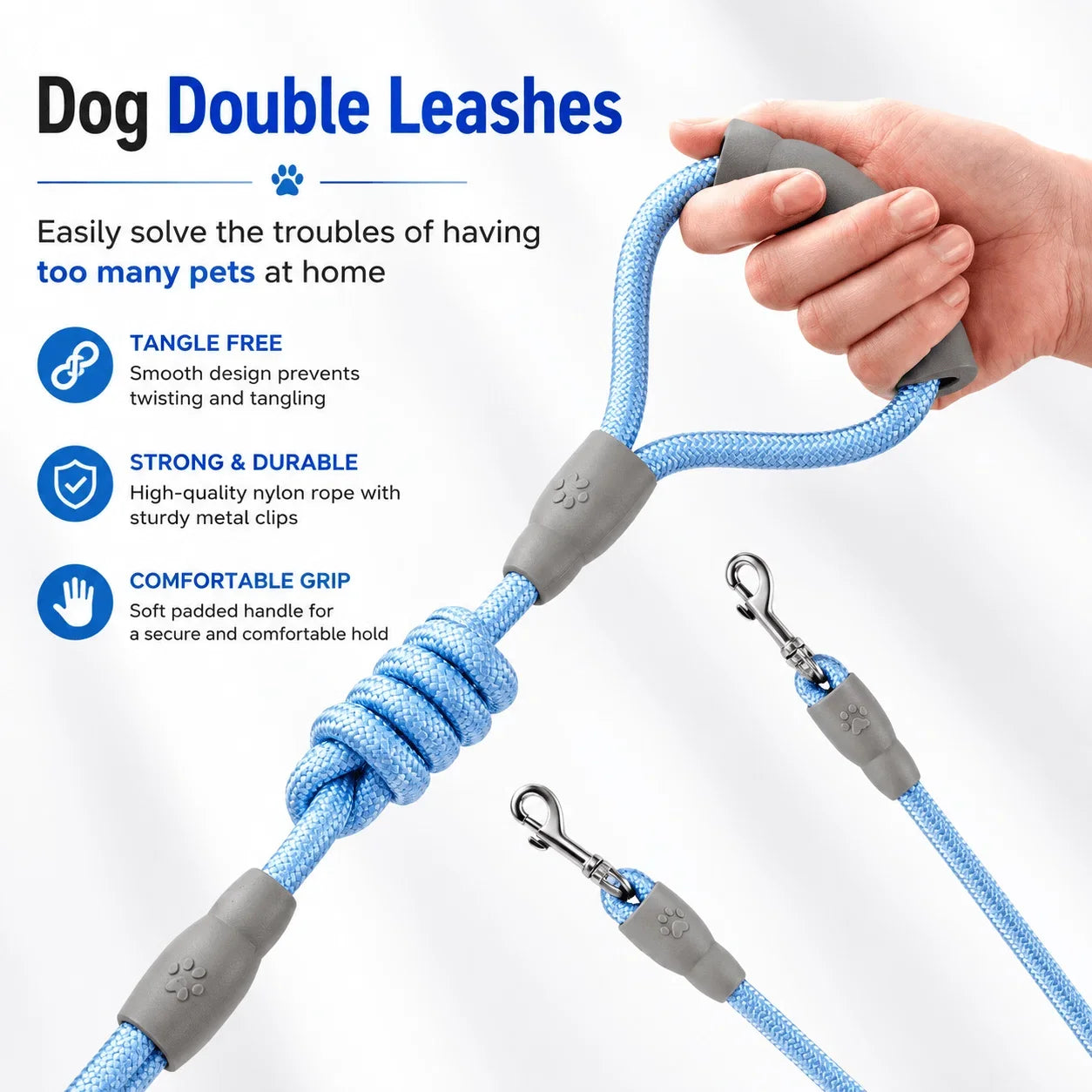 Blue and gray dog double leash with a knotted nylon rope, metal clips, and a comfortable padded handle, shown with a hand holding one end and product feature text on a white background.