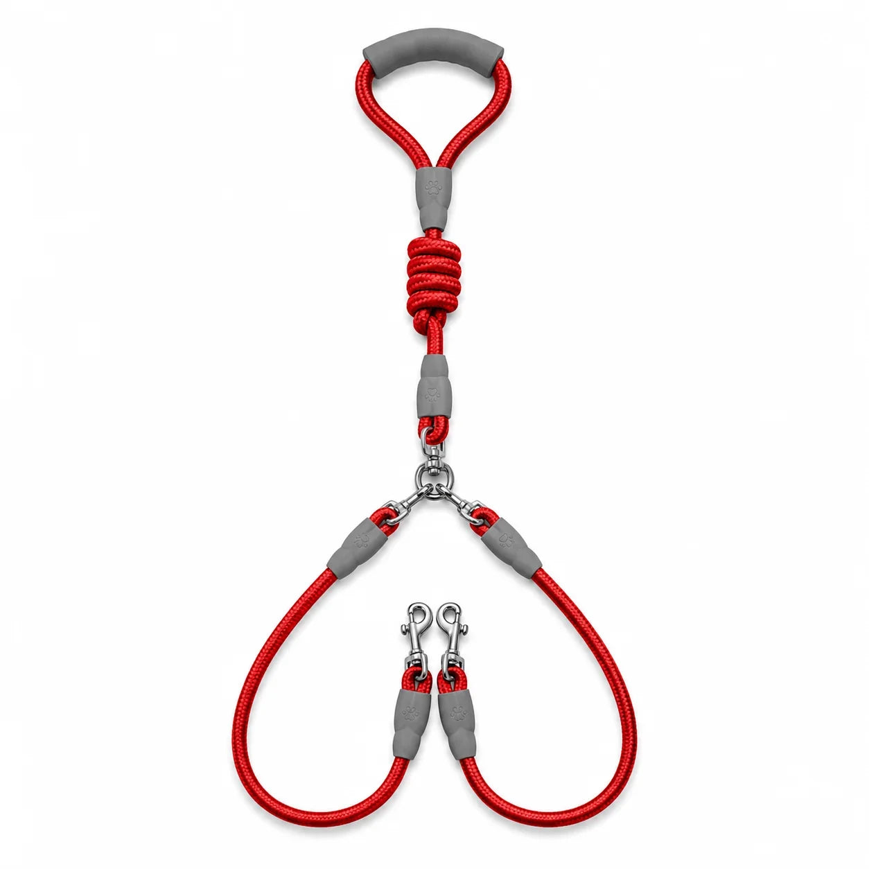 Red and gray dog leash with a top handle, coiled cord section, metal clasp, and two separate leash sections with clips at the bottom, shown on a plain white background.
