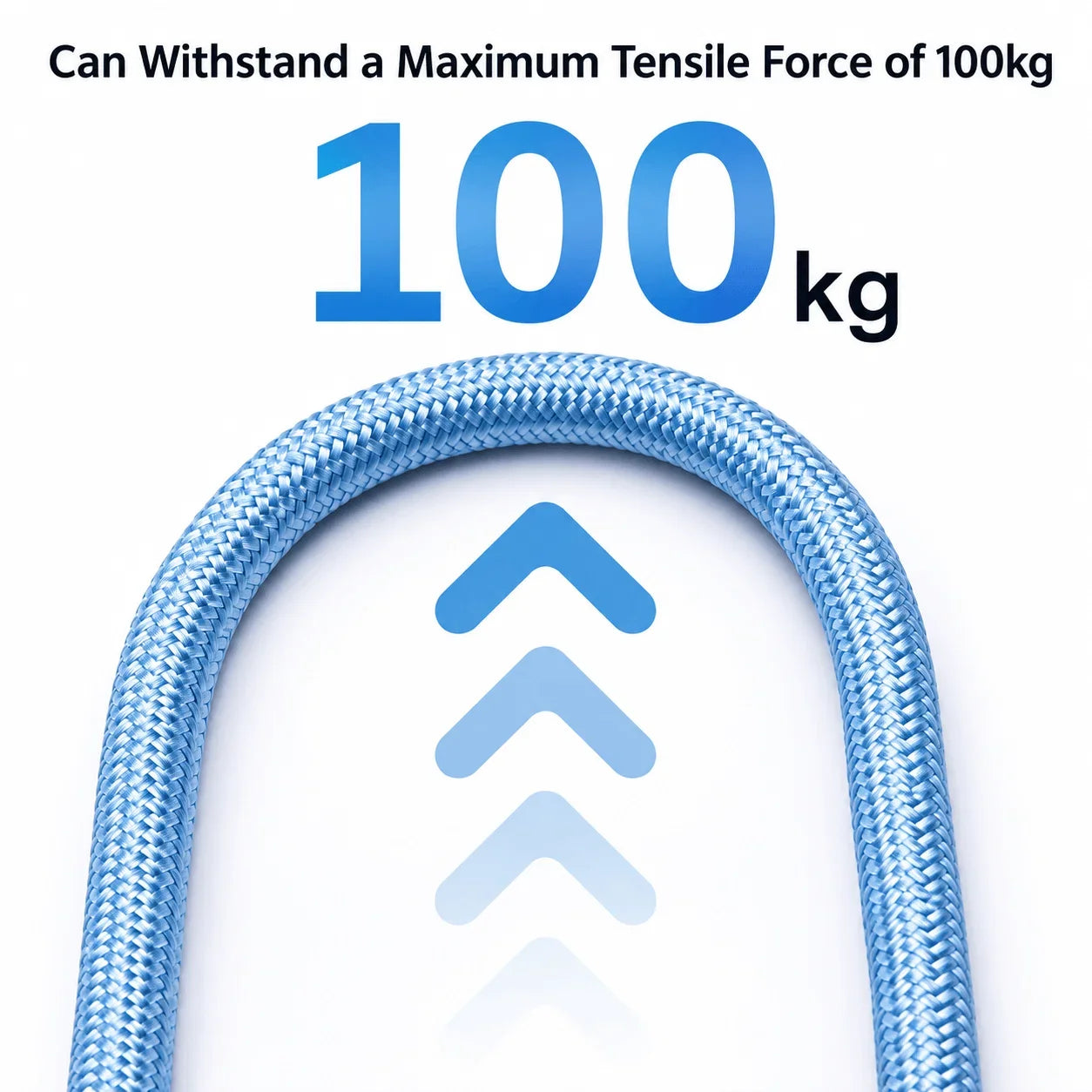 A light blue braided rope or cable shown on a white background with promotional text reading 'Can Withstand a Maximum Tensile Force of 100kg' and large '100 kg' text above.