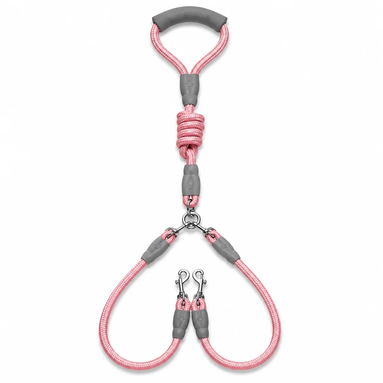 Pink and gray pet leash with a D-shaped handle, central knot, and two lead loops with metal clips, shown on a white background.