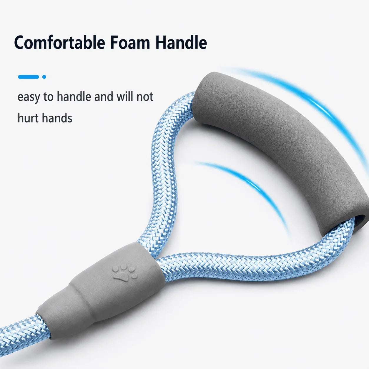 A close-up of a rope exercise handle with a gray foam grip and gray connector, shown on a light gray background with marketing text reading 'Comfortable Foam Handle' and 'easy to handle and will not hurt hands.'.