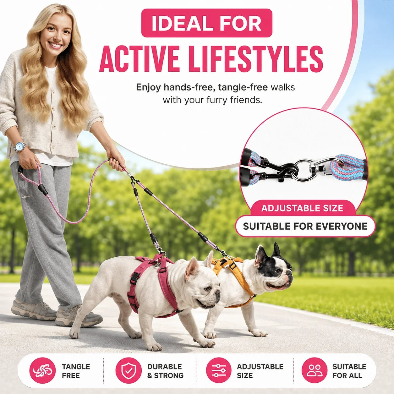 A woman walks two French bulldogs on a leash system outdoors on a park path. The image includes marketing text and inset product details showing the harnesses and clips.