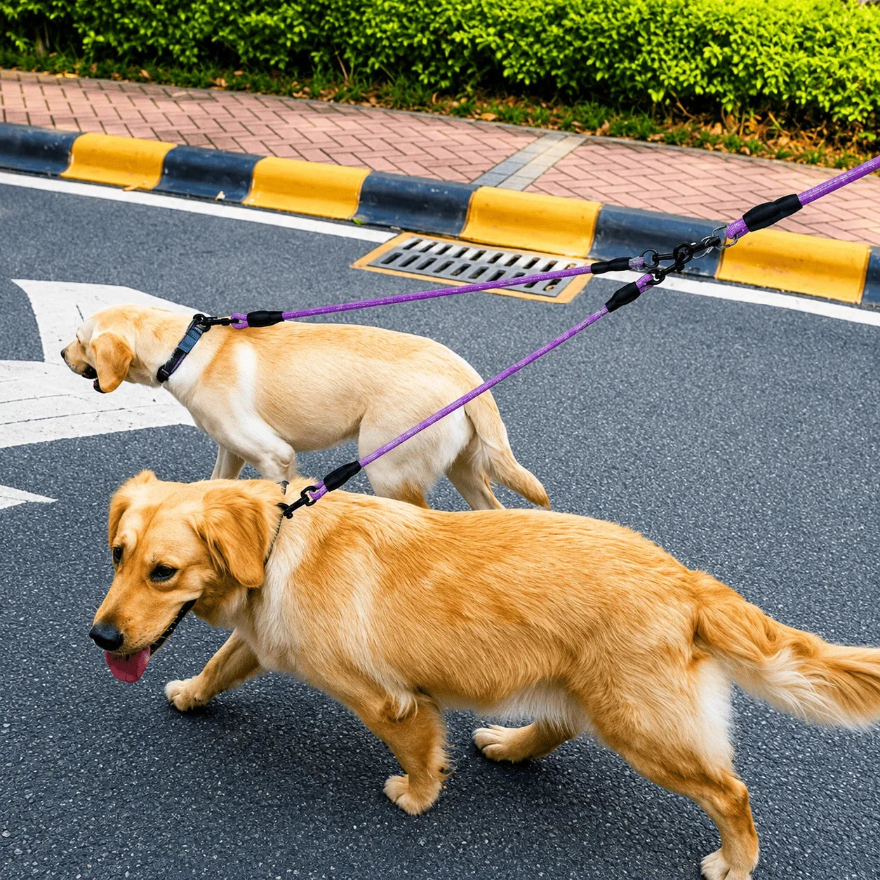Two golden retriever dogs walking on a paved road with purple double-pull dog leashes connected to a central pole.