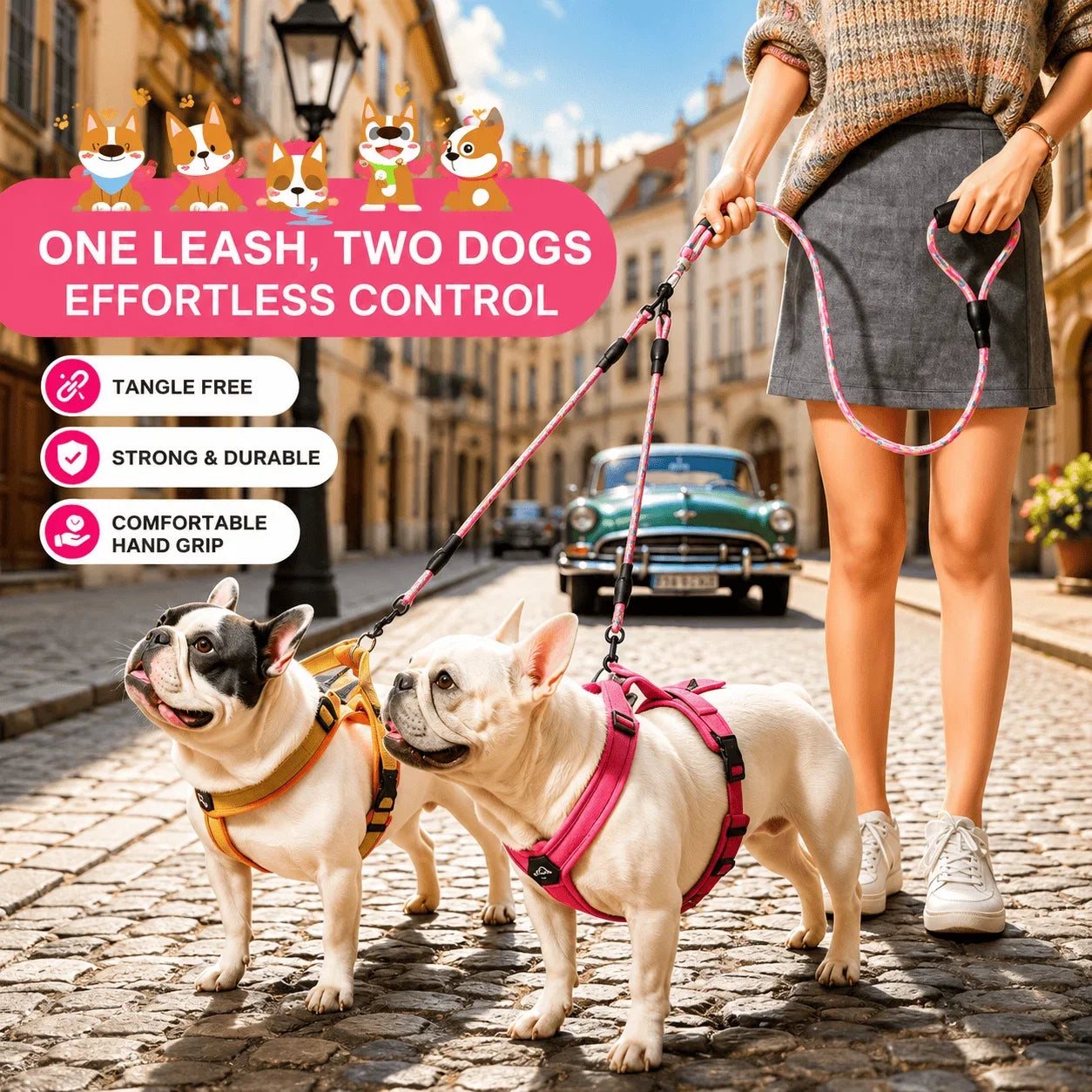 Two French bulldogs walking on a cobblestone street with a woman holding a pink leash attached to both harnesses. The scene includes marketing text and cartoon dog illustrations at the top, advertising a two-leash dog control product.
