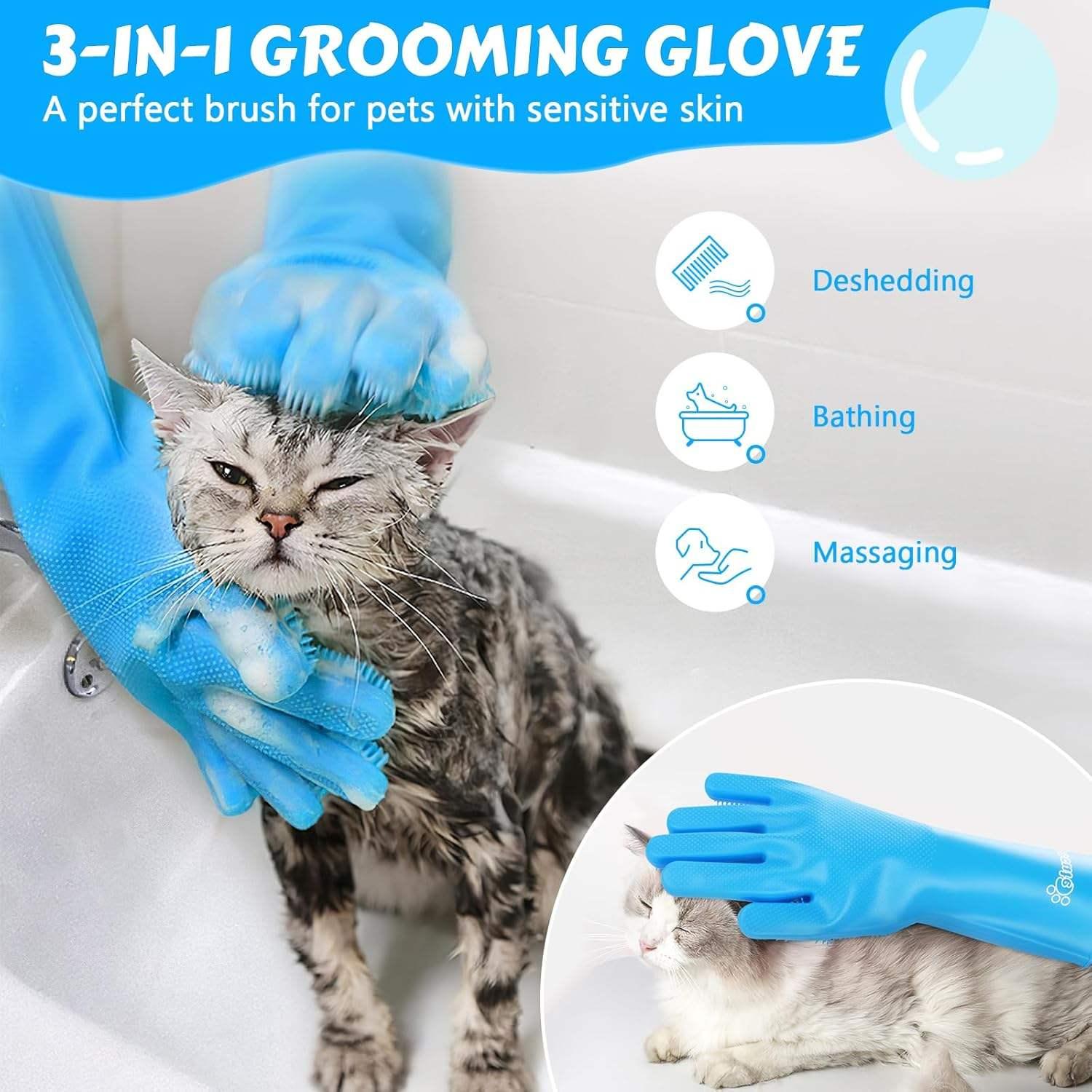 Cat being bathed with a 3-in-1 grooming glove in a bathtub.