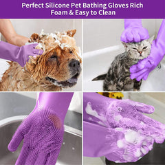 Collage of a person using silicone pet bathing gloves on a dog and cat, with close-ups of the gloves and text highlighting features.