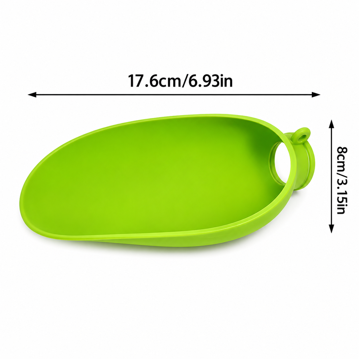 A bright lime green silicone scoop or spoon with a circular hole at one end, shown with black dimension arrows and text indicating a width of 17.6cm (6.
