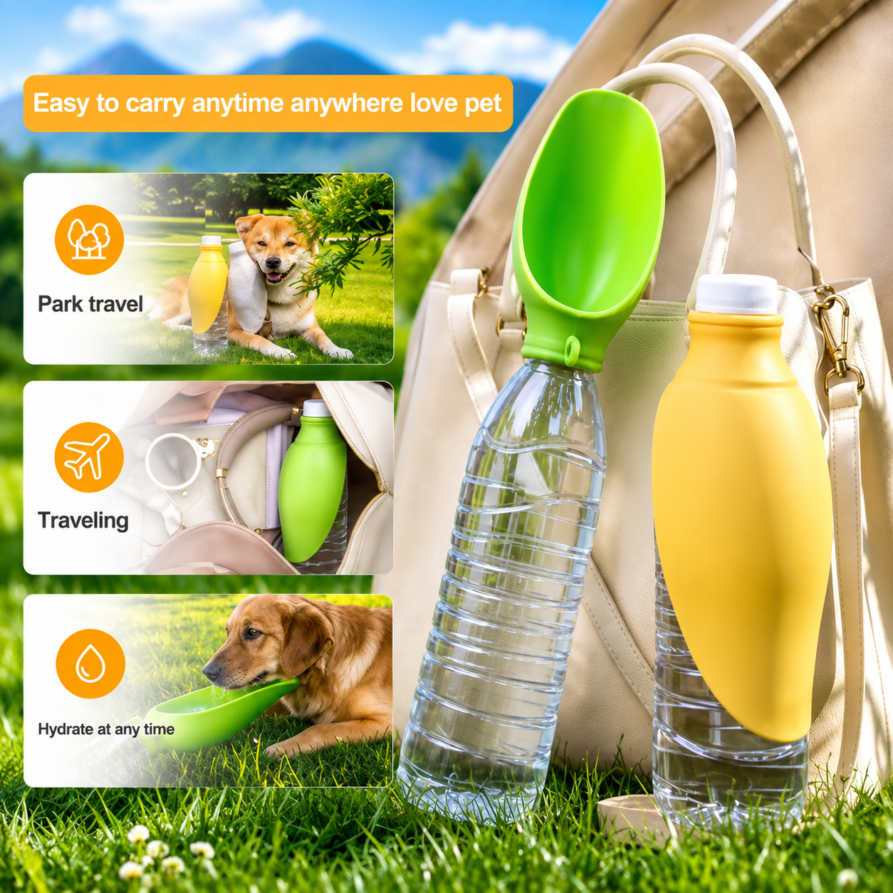A pet water bottle with a detachable green silicone bowl attachment, shown beside a beige bag on grass with a blue sky background. Three inset panels on the left show a dog outdoors and text reading 'Park travel,' 'Traveling,' and 'Hydrate at any time.