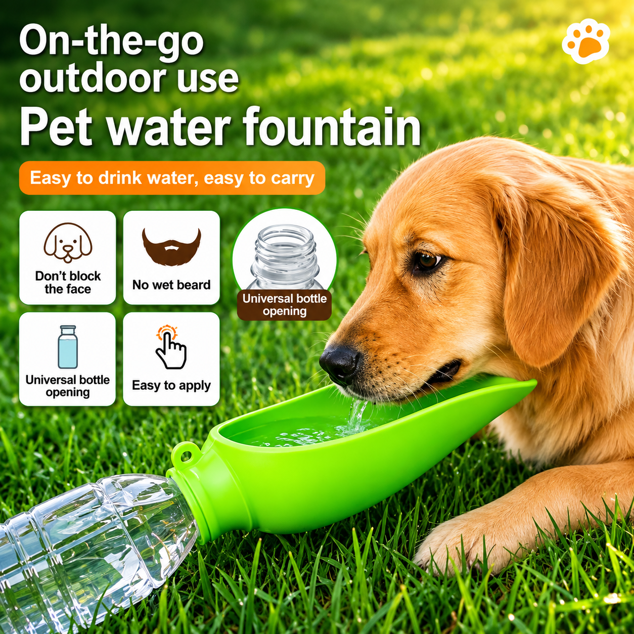 A golden retriever dog drinking water from a bright green portable pet water fountain attached to a clear plastic bottle, shown outdoors on green grass with product feature icons and text.