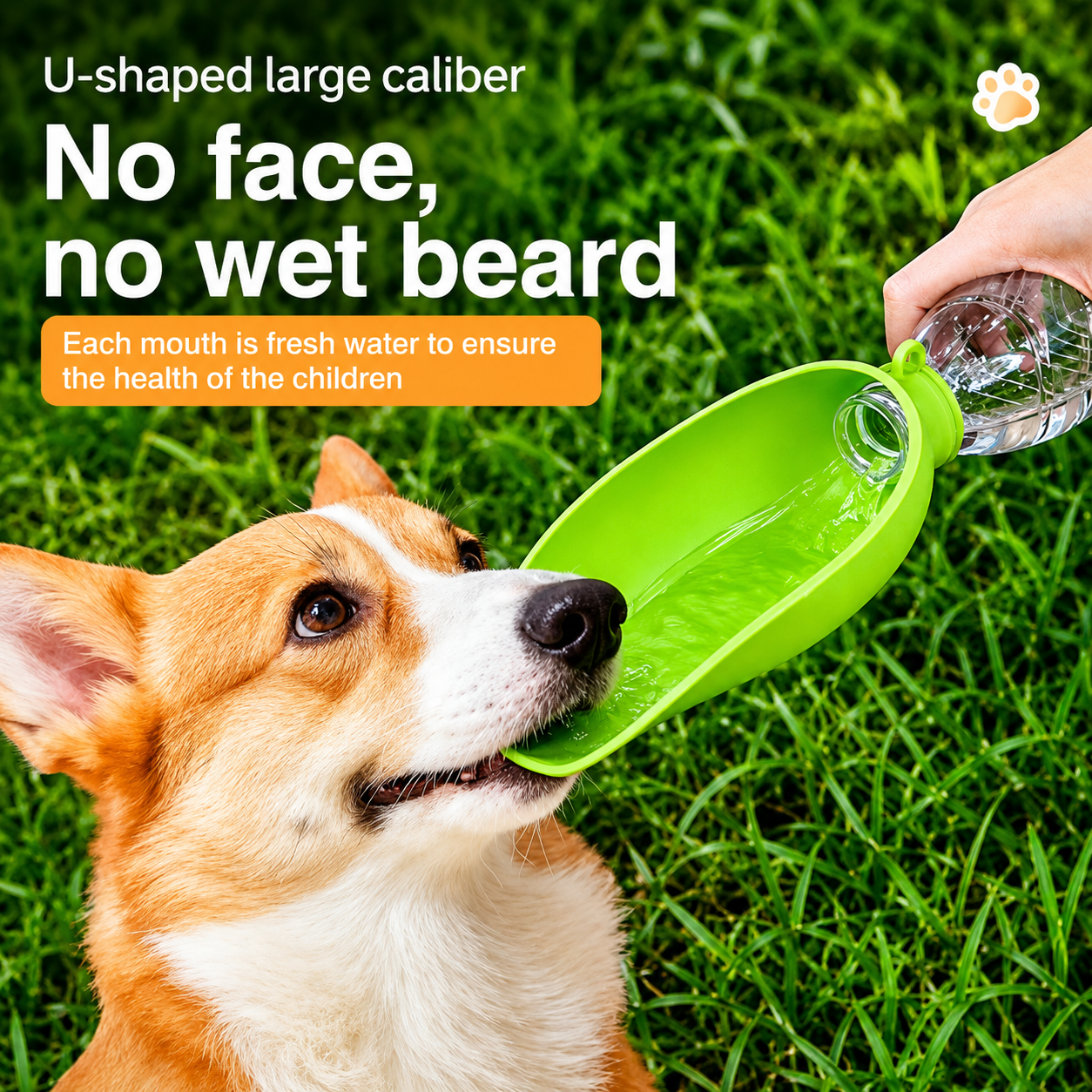 A dog water bottle feeder being used outdoors on grass, with a corgi biting into the bright green U-shaped bowl while a hand holds a water bottle to pour. Large text reads 'U-shaped large caliber No face, no wet beard' with a small paw icon in the top right.