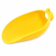 A bright yellow plastic scoop or dusting brush with a hanging loop, shown on a clean white background.