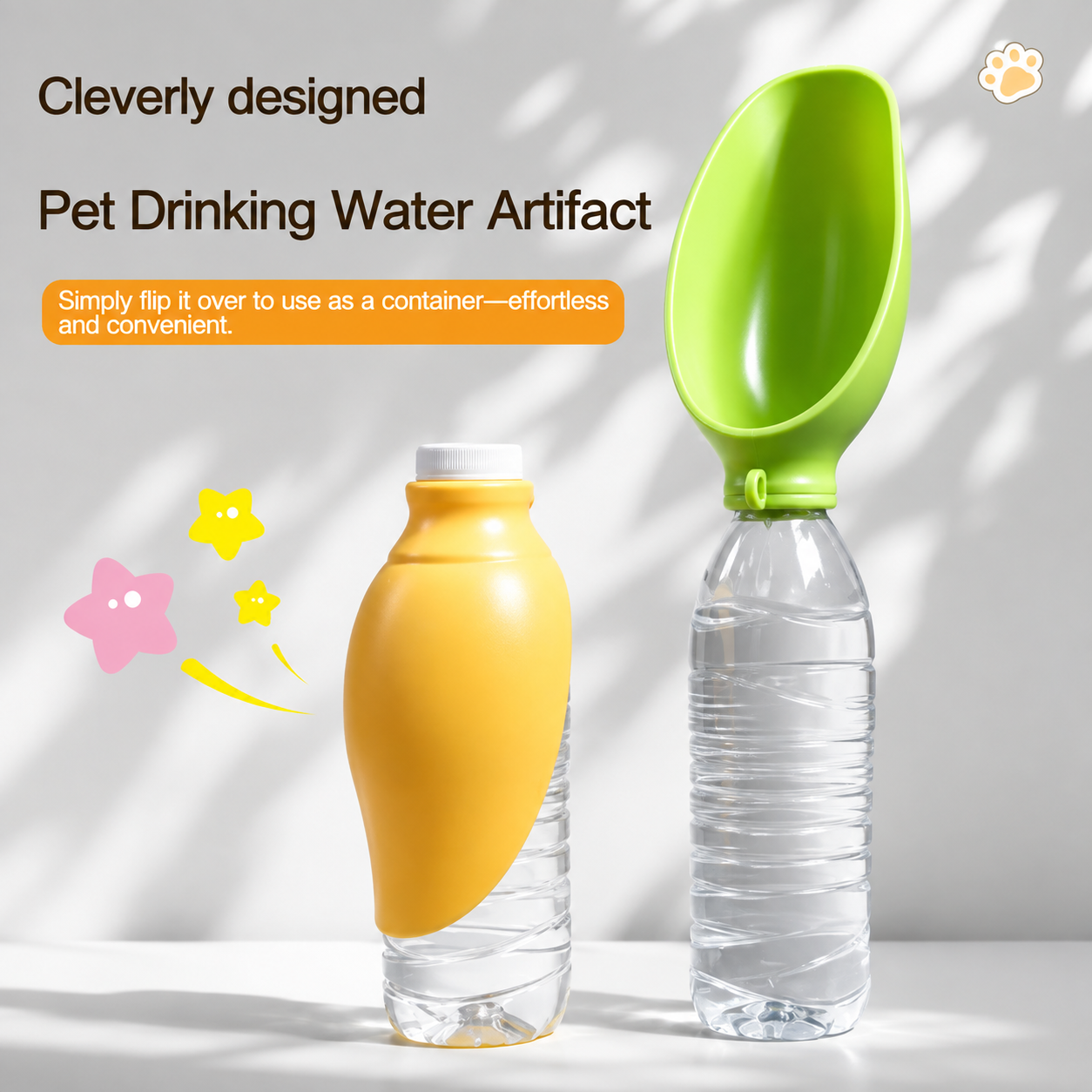 A pet drinking water container set shown on a light gray background with decorative shadows and text. On the left is a clear plastic bottle fitted with a yellow flip-open cap.