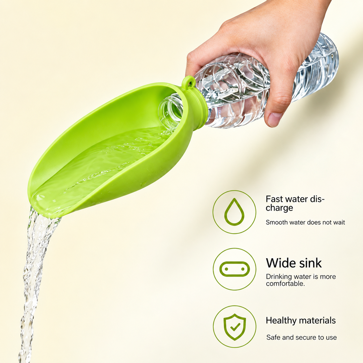 A hand holds a clear plastic water bottle over a bright green collapsible water bowl, pouring water into it. Three circular icons on the right describe features: fast water discharge, wide sink, and healthy materials.