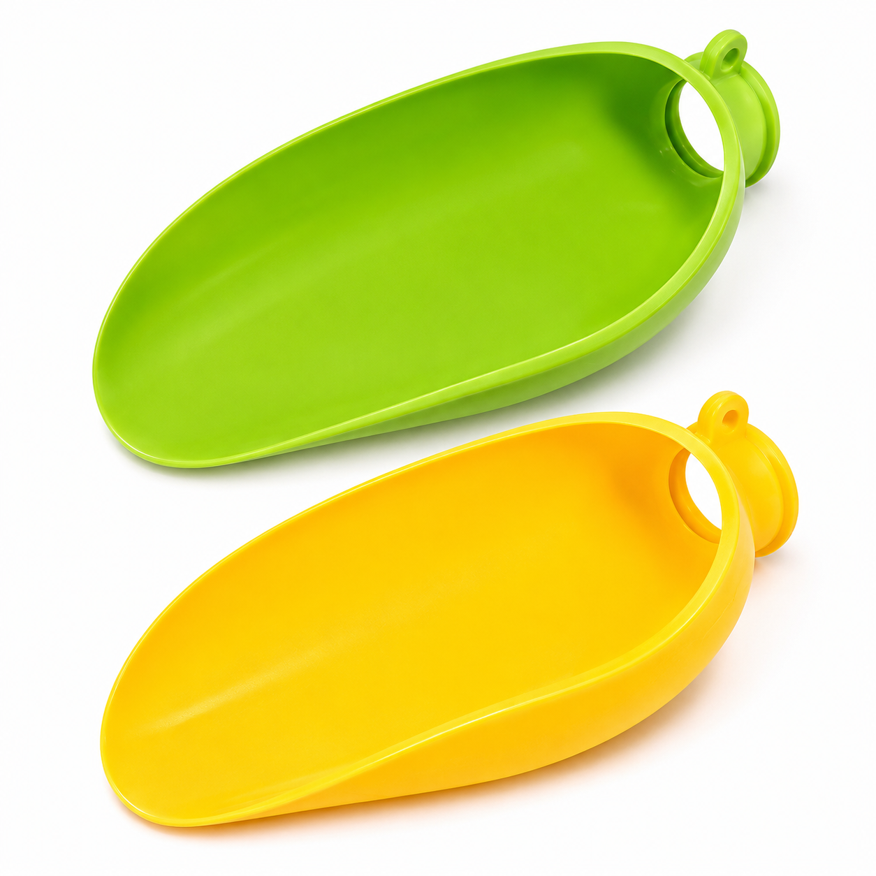 Two silicone scoop tools, one lime green and one bright yellow, displayed diagonally on a clean white background.