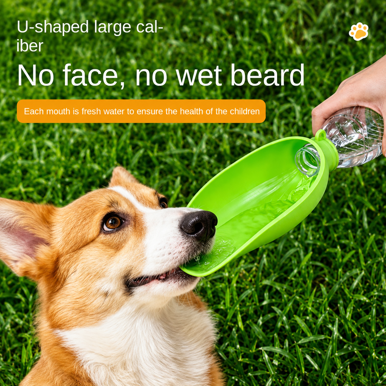 A corgi dog outdoors on grass drinking water from a bright green handheld bottle-style waterer, with a human hand holding the bottle. Large marketing text appears on the image.