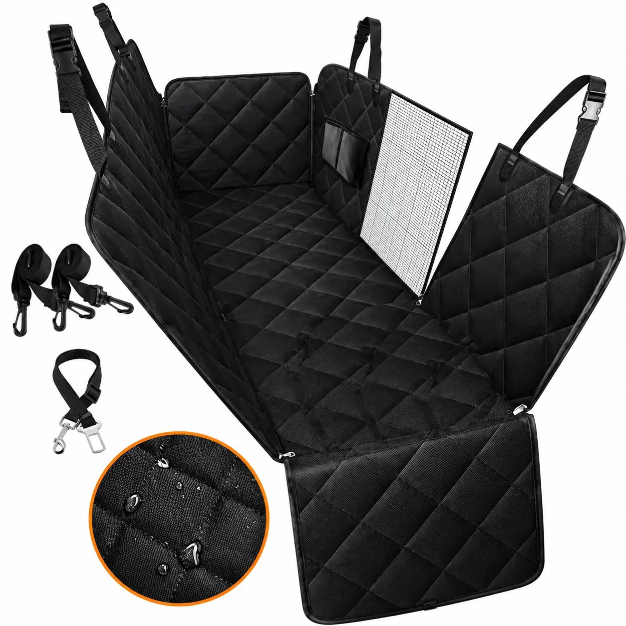 Black quilted pet car seat cover with attached straps and a mesh privacy panel, shown on a white background with included straps and a circular close-up of the quilted fabric texture.