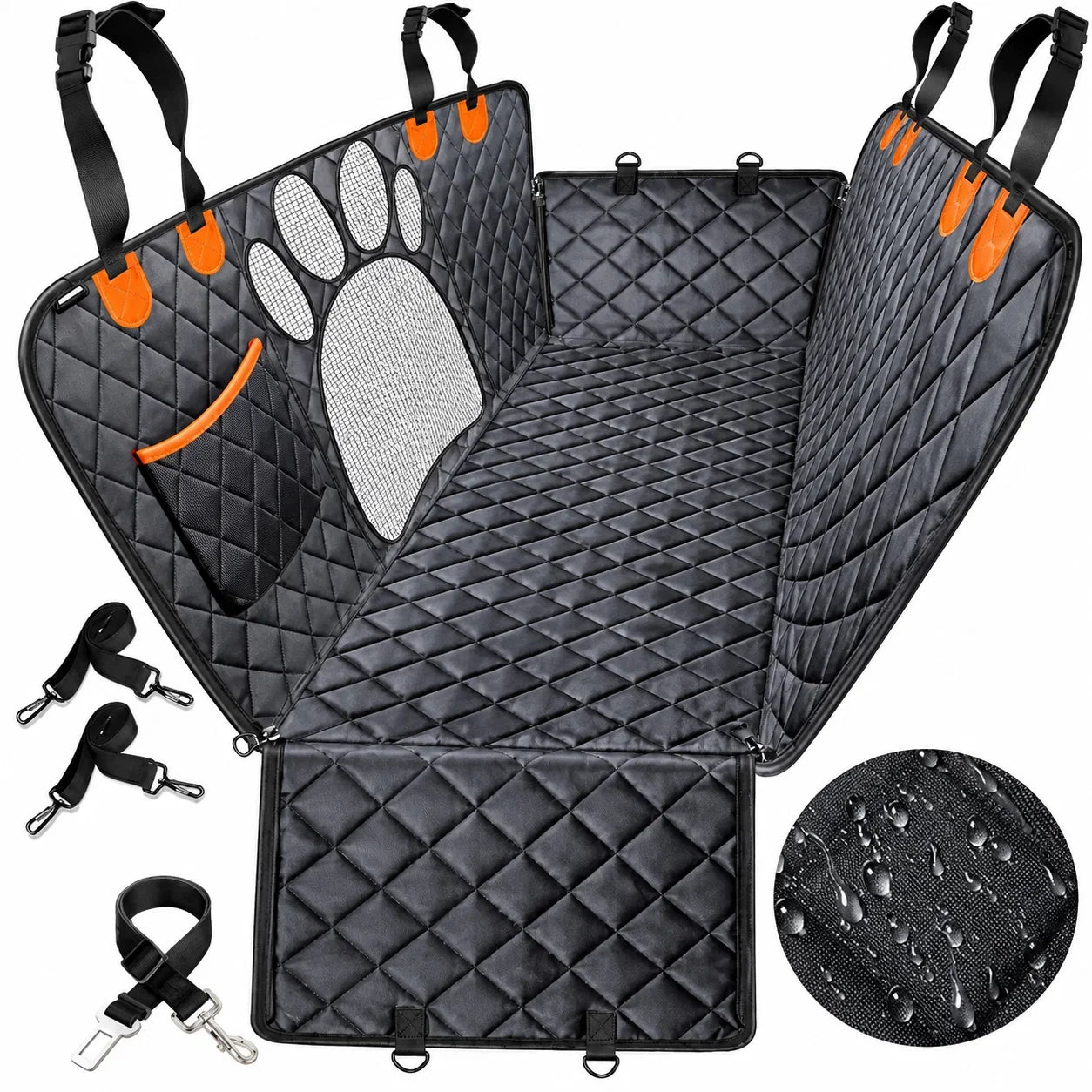Black quilted pet car seat belt monitor with a paw print window, orange accents, and included straps, shown on a white background with a water-resistant texture inset.