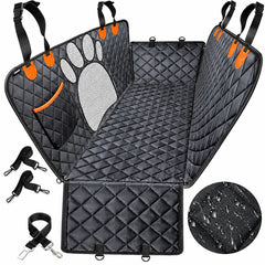 Black quilted pet car seat belt monitor with a paw print window, orange accents, and included straps, shown on a white background with a water-resistant texture inset.