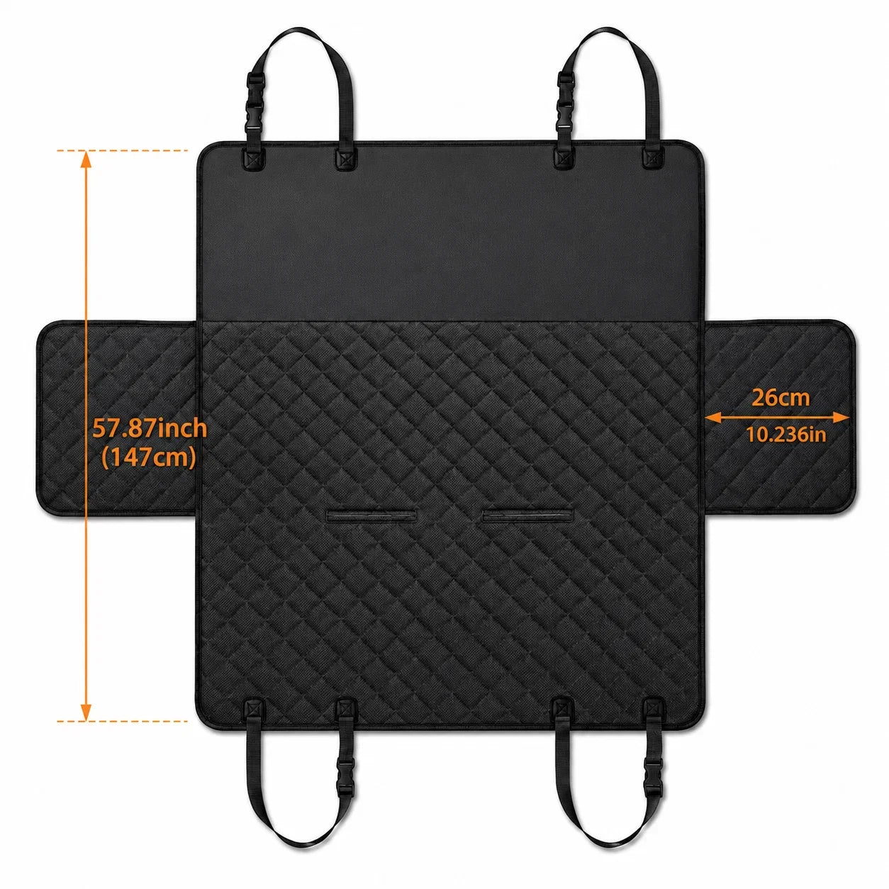 Black quilted pet car seat backrest with measurement annotations showing 57.87 inches in height and 26 cm in width, on a white background.