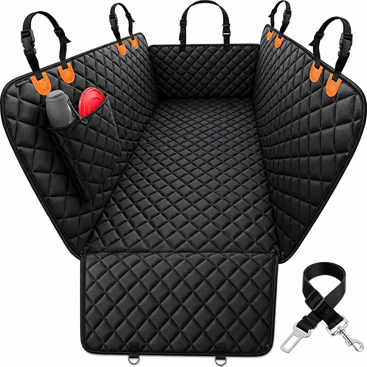 Black quilted car seat belt backer with side pockets holding a bottle and red item, shown on a white background with an included black strap and metal clips.