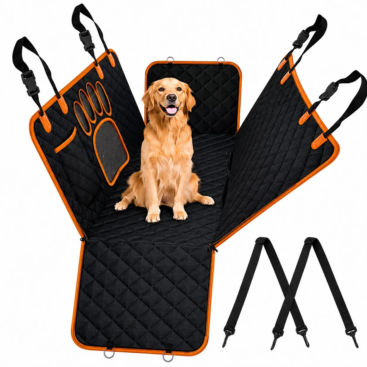 A black quilted pet car seat cover with bright orange trim and straps, shown with a golden retriever sitting in the center. The cover includes side panels, a padded headrest, a pet door pocket with four paw prints, and a separate pair of black car seat straps displayed separately on the right.