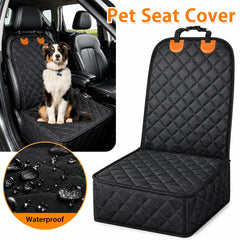 Black quilted pet car seat cover with orange accent tabs, shown on a car seat next to a dog, with a circular inset demonstrating waterproof coverage.