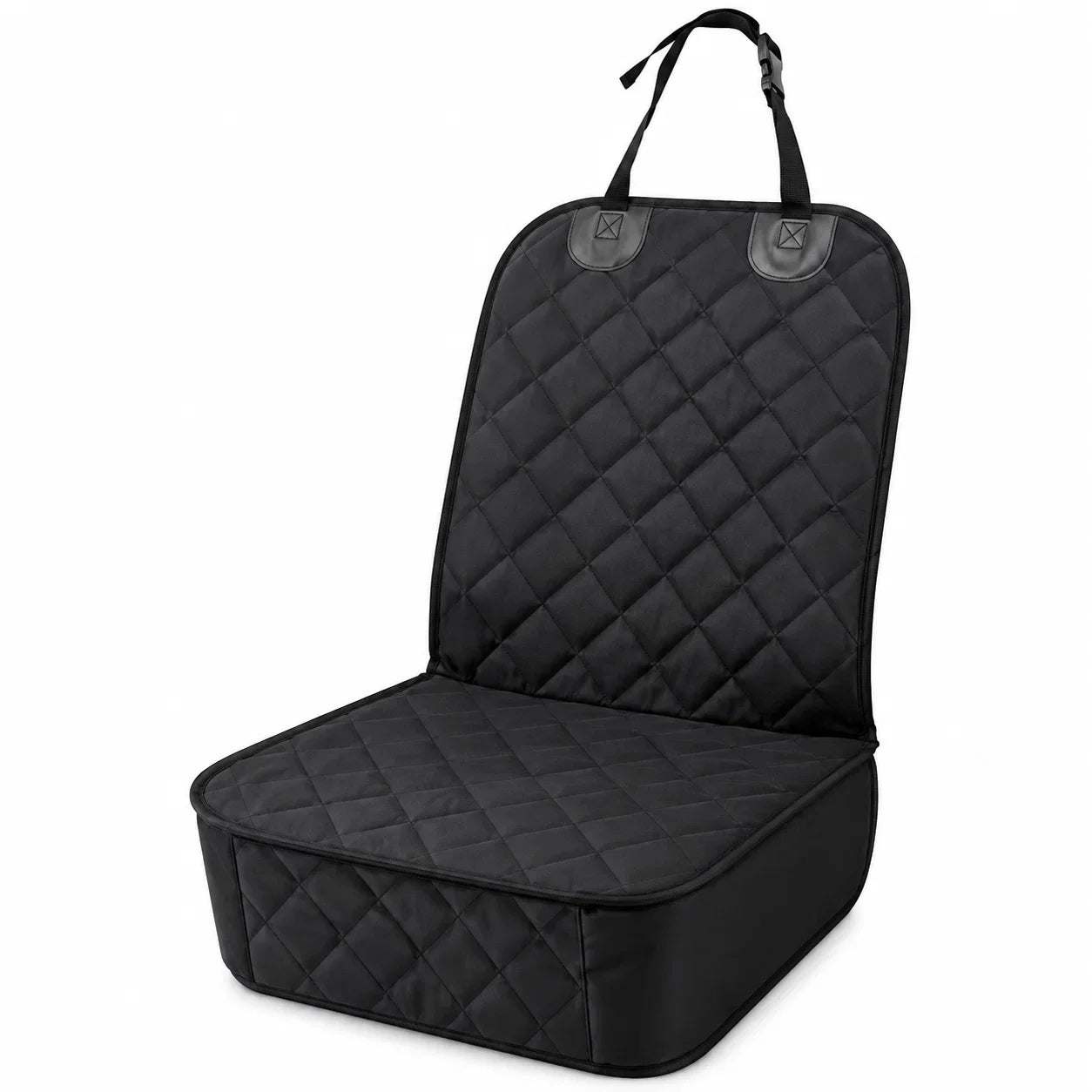 A black quilted car seat protector with a top handle, shown on a white background.