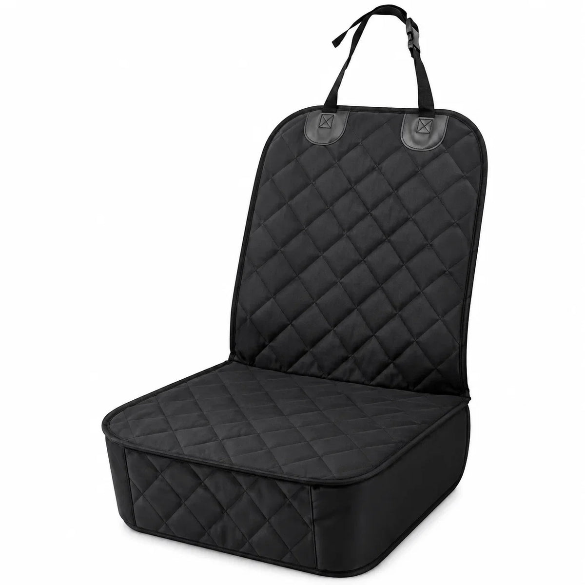 A black quilted car seat protector with a top handle, shown on a white background.