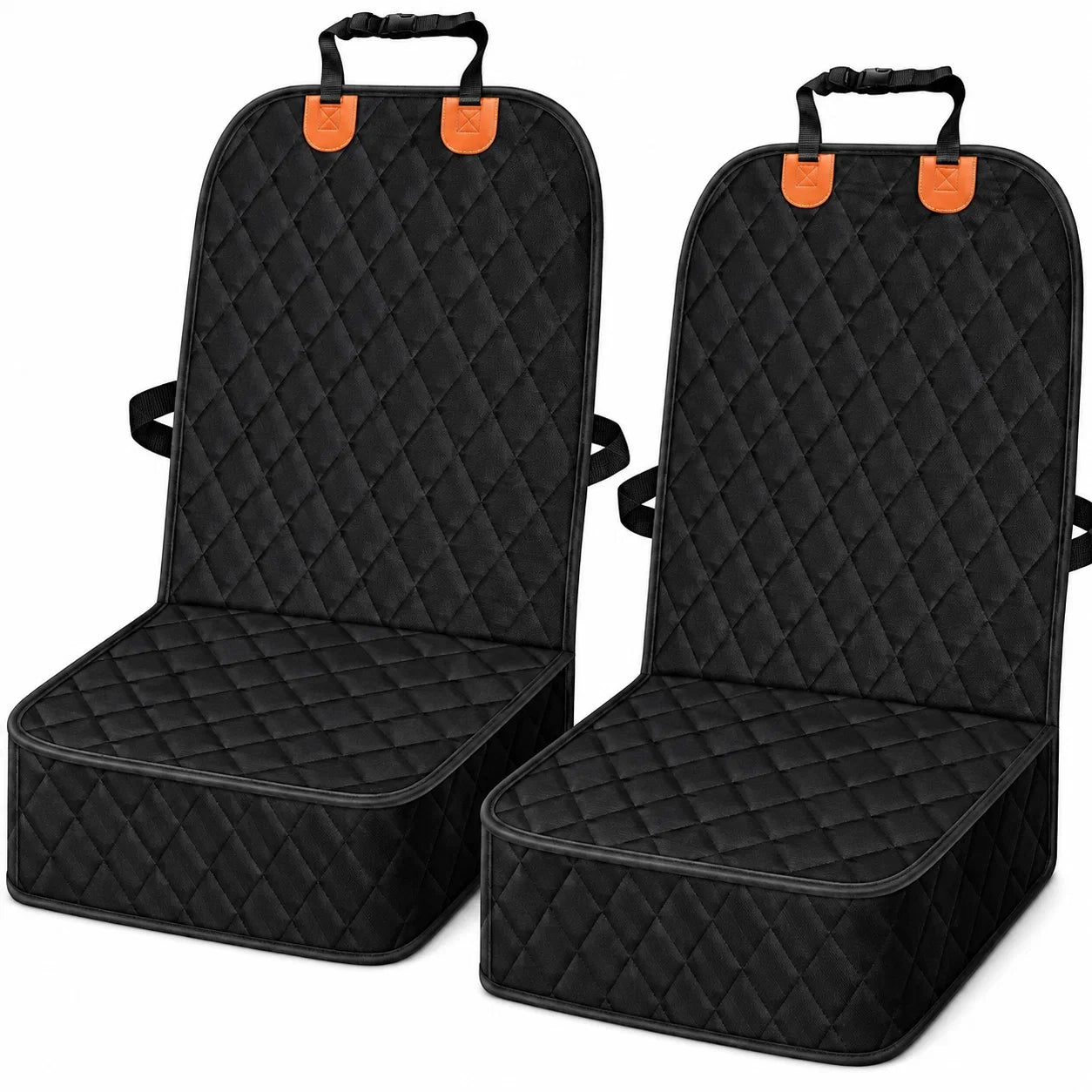 Two black quilted car seat covers with diamond stitching and small orange accent tabs near the top handles, shown on a plain white background.