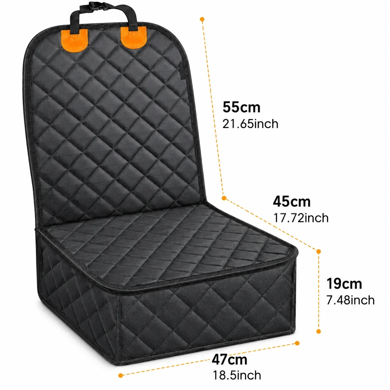 Black quilted car seat cushion with orange accents and overlaid dimension lines showing measurements of 55cm, 45cm, 19cm, and 47cm on a white background.