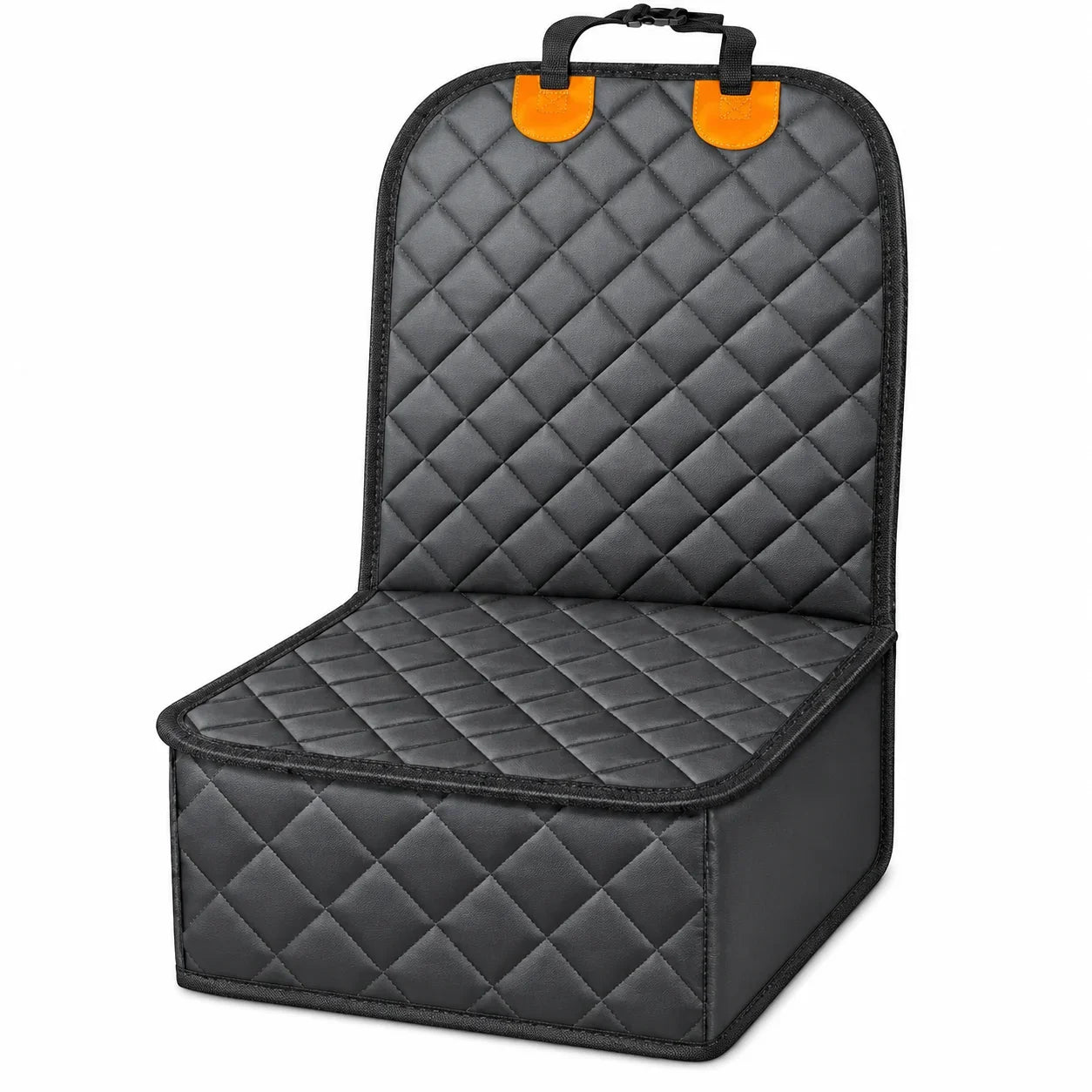 A black quilted car seat booster seat with a diamond-stitched pattern, featuring a top handle and bright orange plastic hook-and-loop fastener attachments on the backrest, shown against a plain white background.