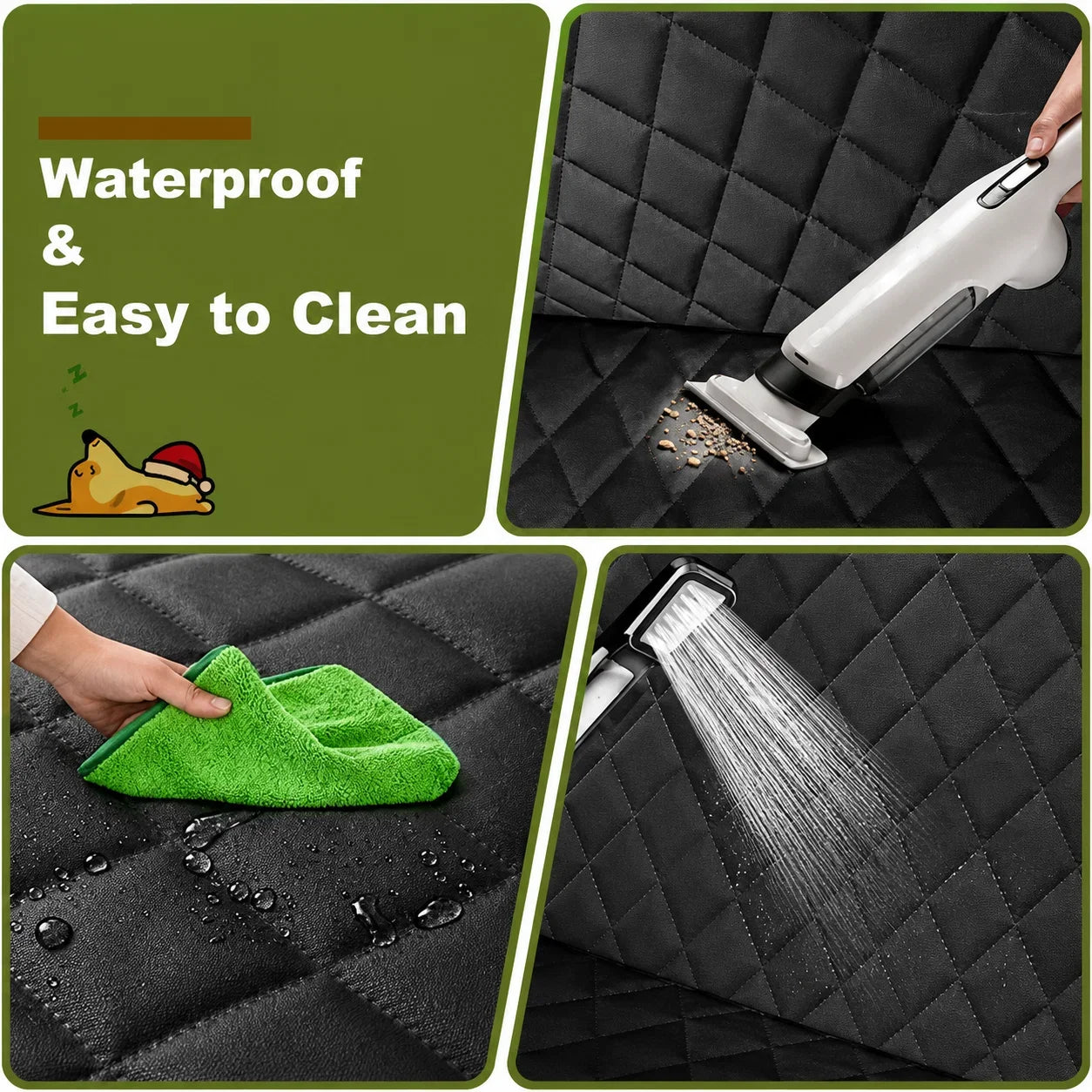 A 4-panel collage demonstrating a black quilted mattress protector or bed sheet's waterproof and easy-to-clean properties. The top-left panel has an olive green background with the text 'Waterproof & Easy to Clean' and a small cartoon graphic.
