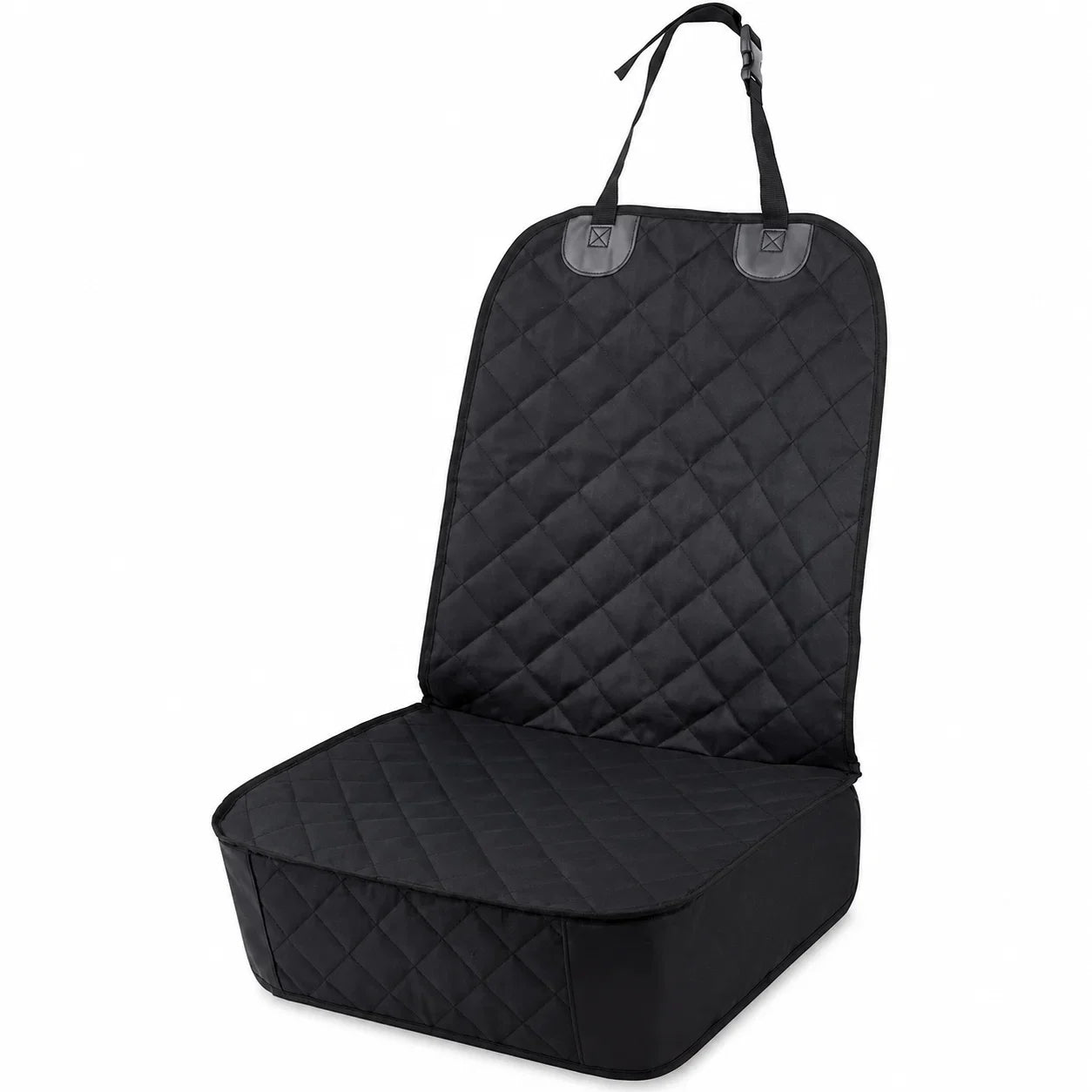 A black quilted car seat cover with a matching padded base cushion and a top handle, shown on a plain white background.